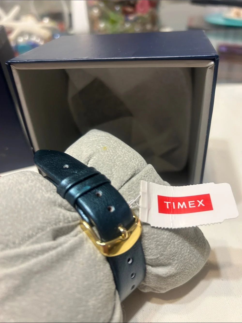 TIMEX Gold-Tone Swarovski  Blue Dial Leather Strap Watch NIB Retail $119